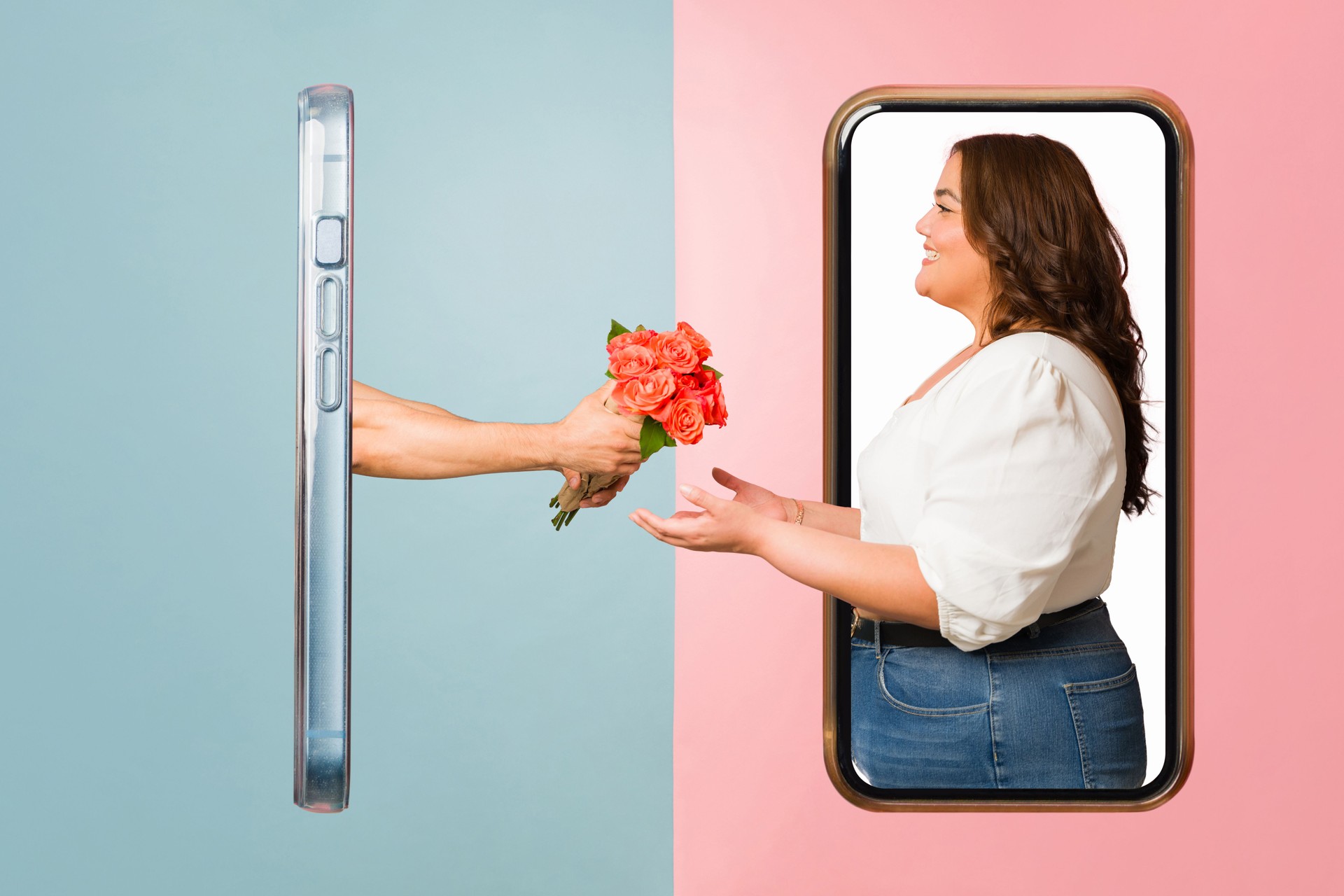Girlfriend receiving flowers from her virtual boyfriend texting on the phone